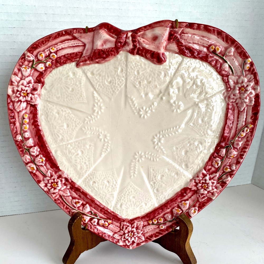 Vintage Ceramic Heart Shaped Plate with Red Embossed Border and White Design